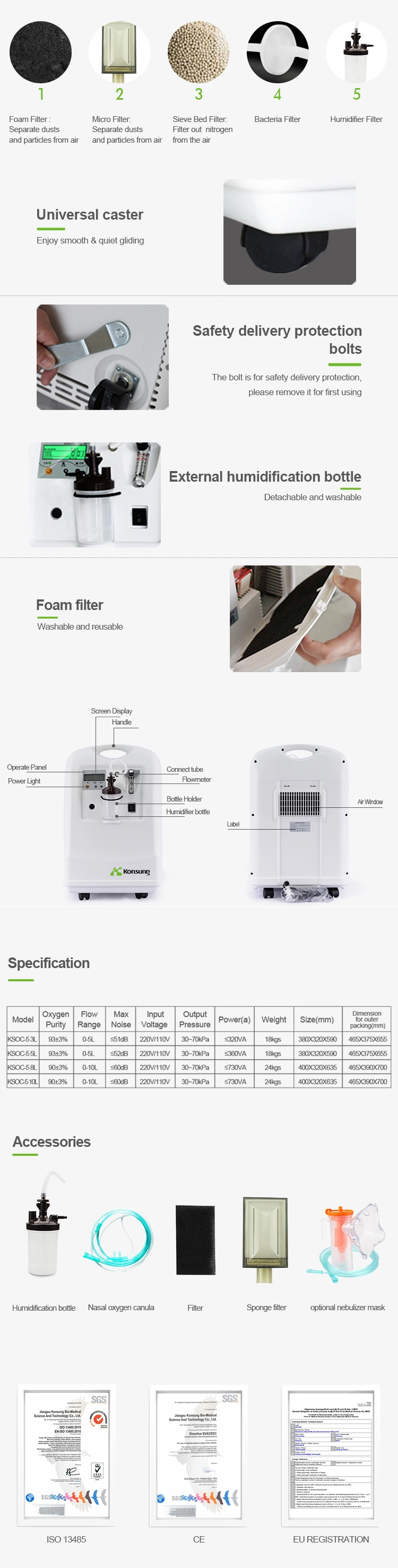 Ksoc-10 CE Konsung Hfnc 10 Liter Medical Oxygen Concentrator with Abnormal Alarm for Physical Therapy (KSOC-3, 5, 8, 10)